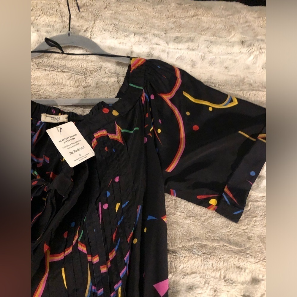 : : PRADA Silk Off Shoulder Multicolor Fun Print Dress : :​ - Picture 9 of 16